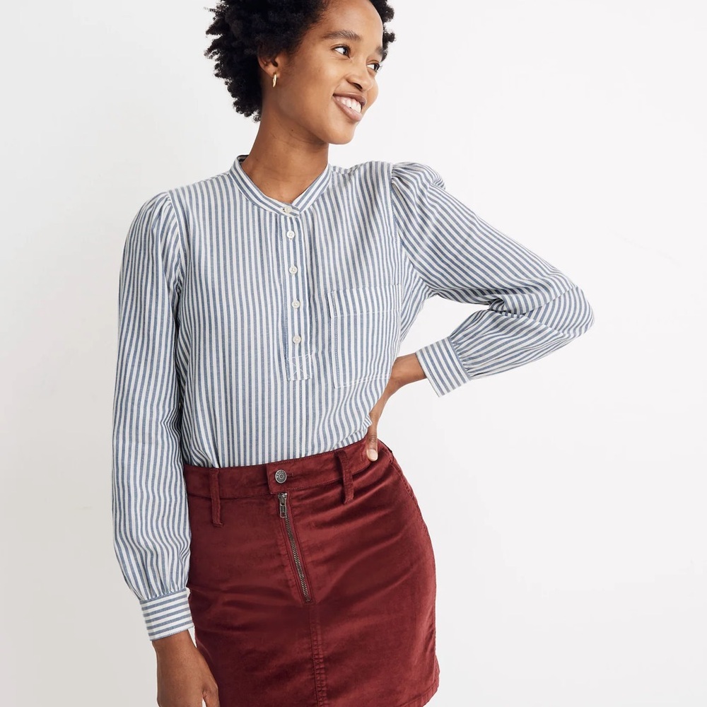 Madewell Puff Sleeve Popover Shirt in Railroad Stripe